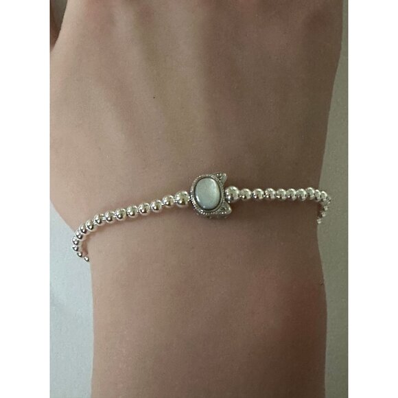 RAFANTHIA Jewelry - 925 Sterling Silver Beaded Stretch Stacking Bracelet Cat Head Minimalist